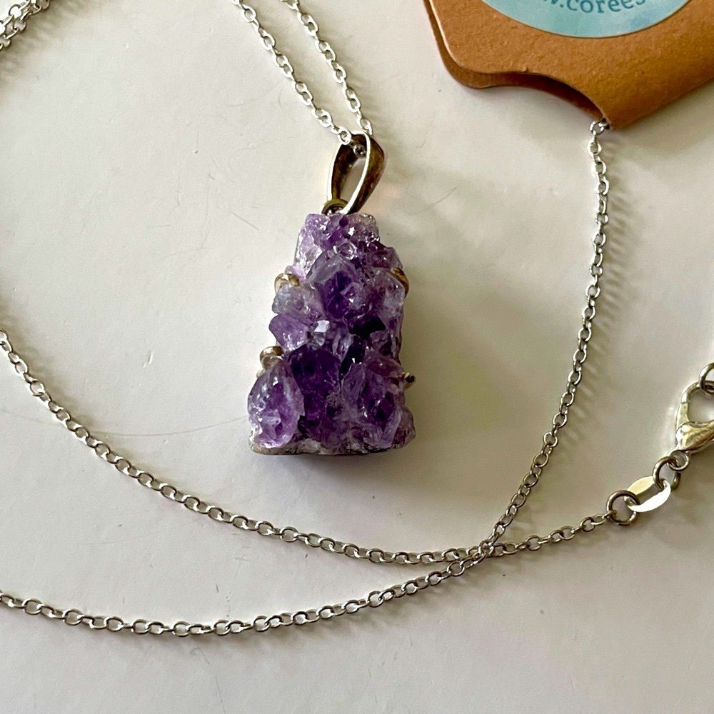 Purple Amethyst Crystal Necklace raw 925 silver beautiful gift new boho real